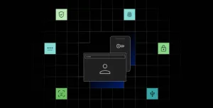 Login window surrounded by authentication method icons such as fingerprint, key, lock and face scan